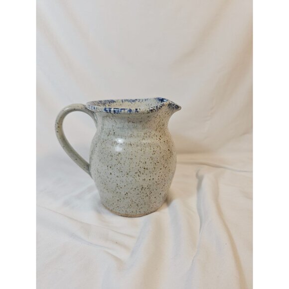 Vintage Speckled Stoneware Creamer Pitcher With Heart & Blue Floral Design - Picture 4 of 9